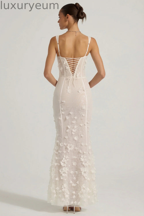 Embellished Appliqué Soft-Scoop Corset Gown in White