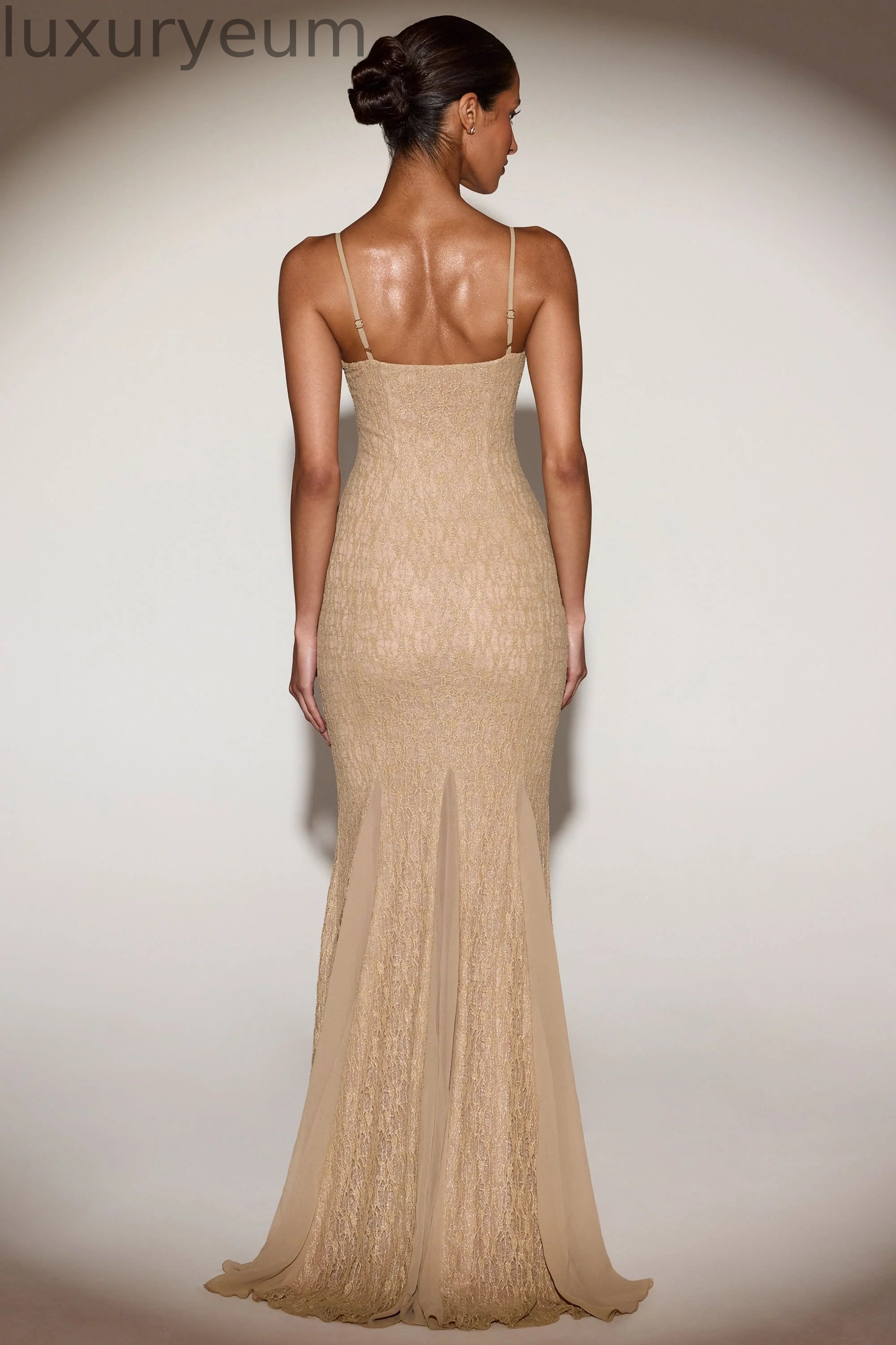 Metallic Lace Godet Fishtail Gown in Gold