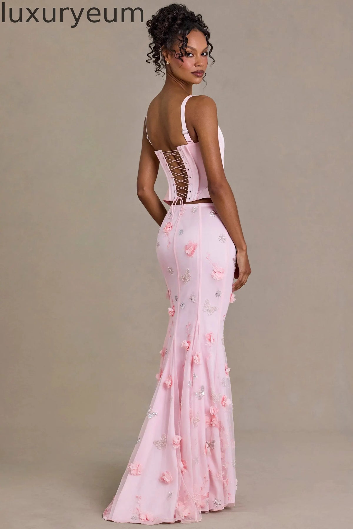 Satin Lace-Up Corset Top in Baby Pink