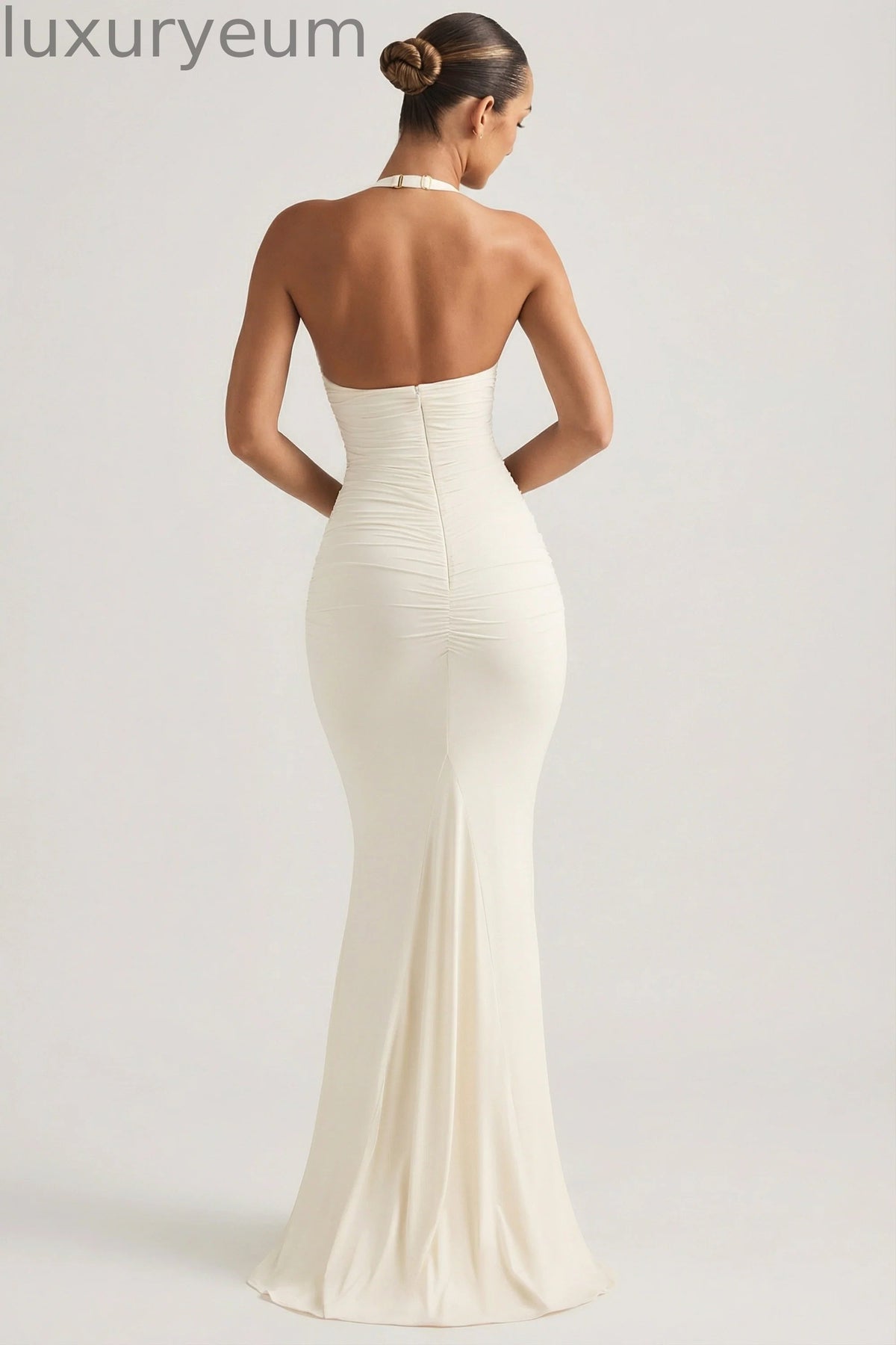Ruched Backless Halterneck Gown in Ivory
