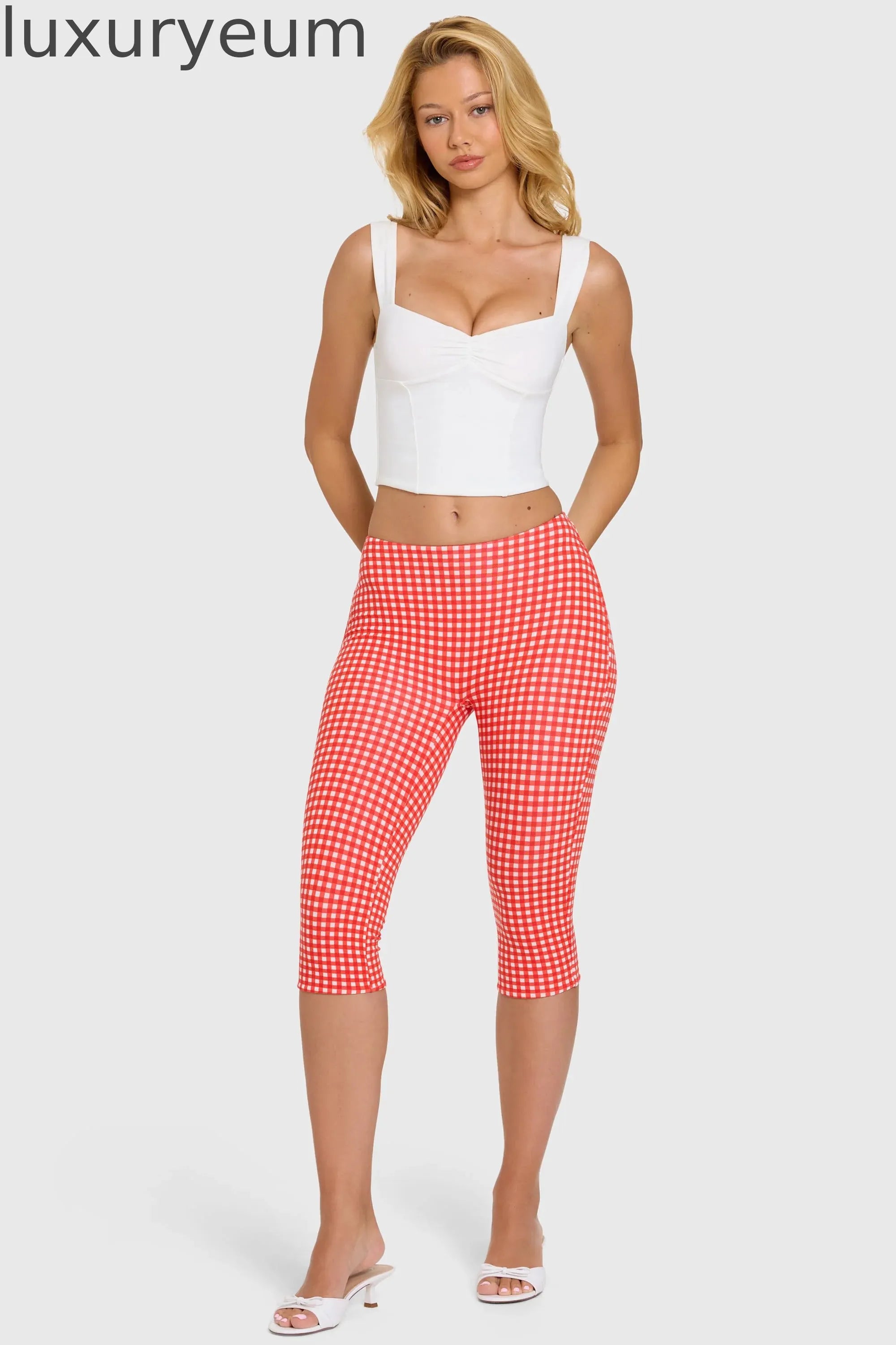 Modal Capri Leggings in Red Gingham