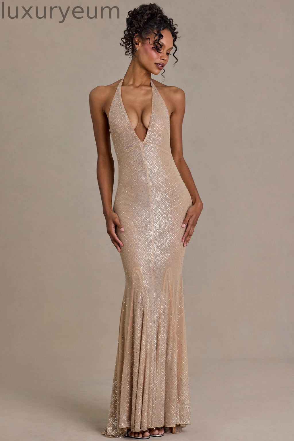 Embellished Plunge-Neck Open-Back Gown in Sand