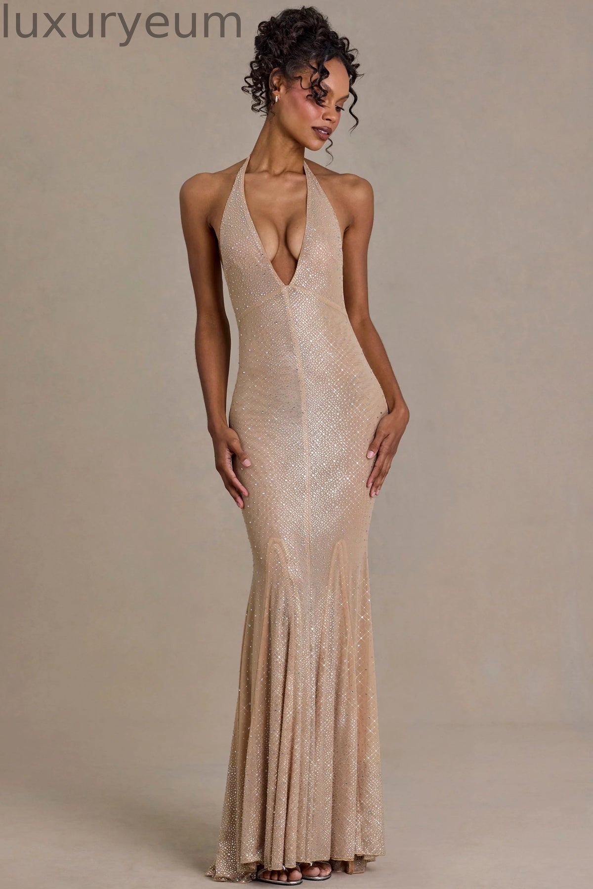 Embellished Plunge-Neck Open-Back Gown in Sand