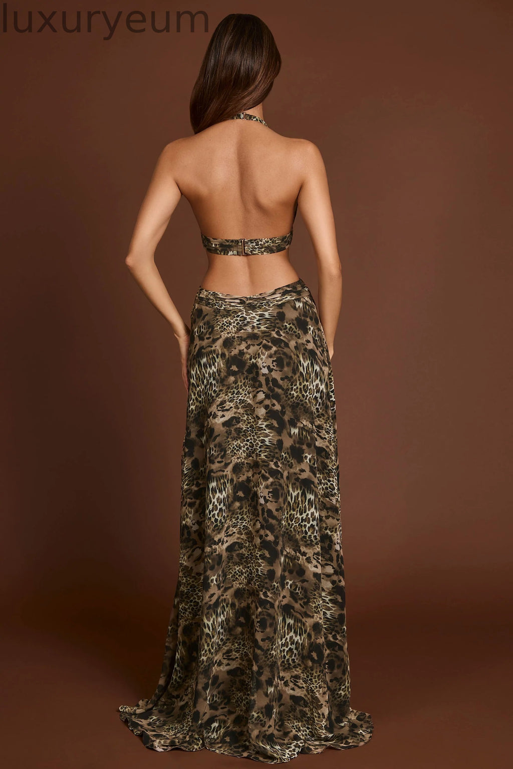 Plunge Cut-out Maxi Gown in Leopard Print