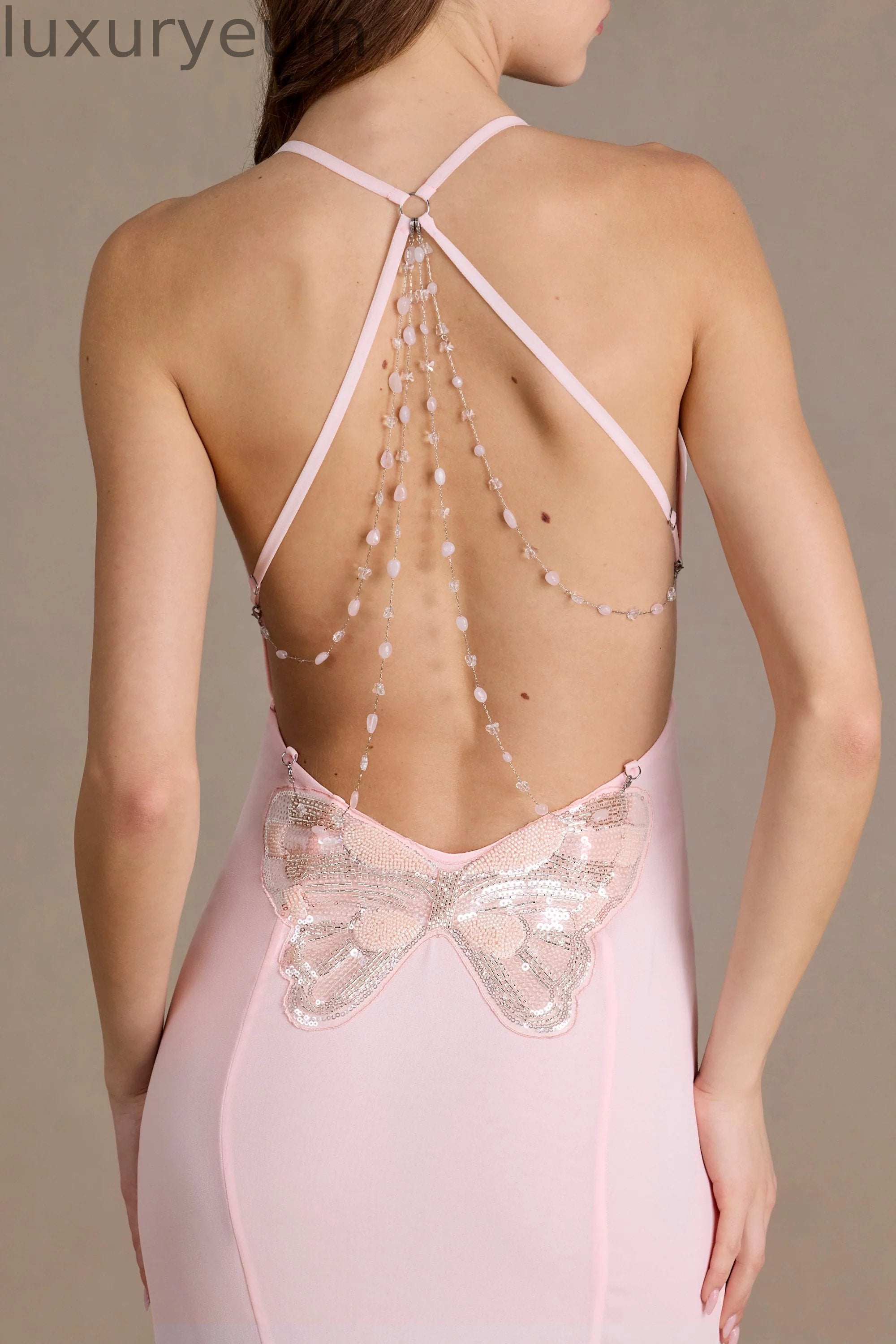 Chiffon Cowl-Neck Open-Back Gown in Baby Pink