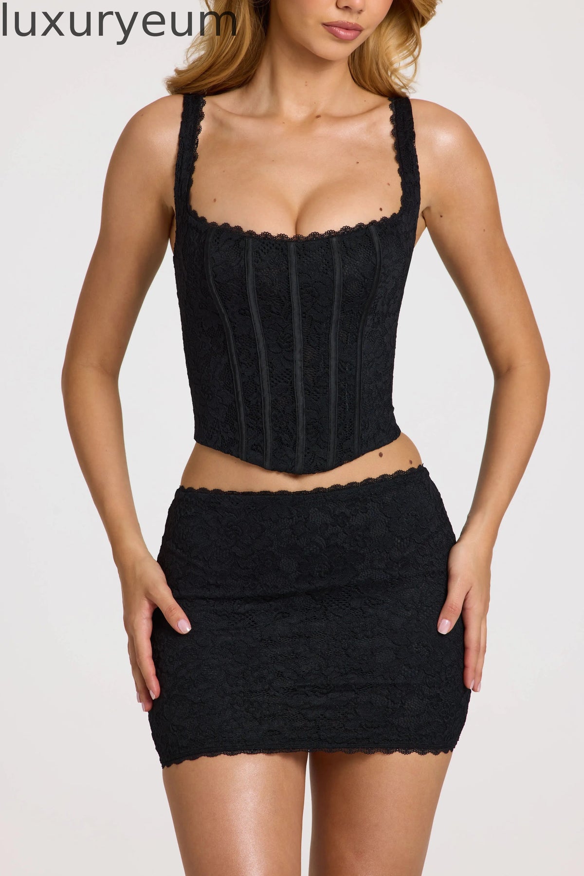 Lace Soft-Scoop Adjustable Corset Top in Black