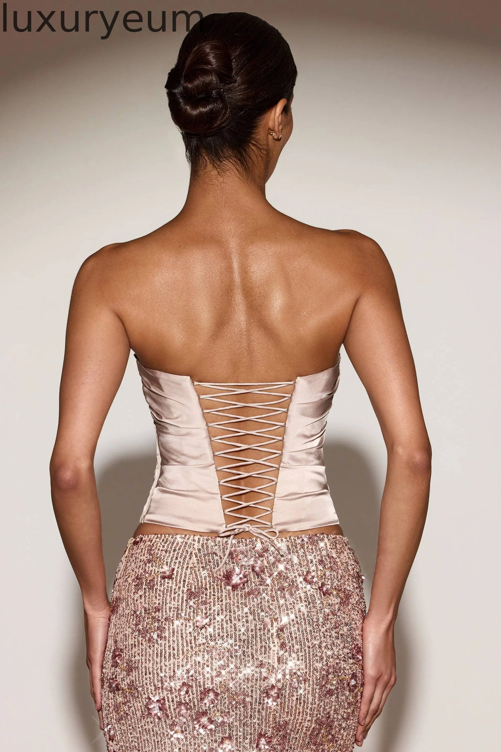 Satin Draped Lace-Up Corset Top in Gold