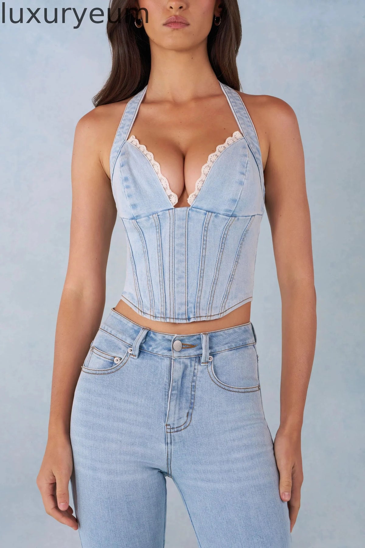 Halterneck Denim Corset Style Top  in Light Denim