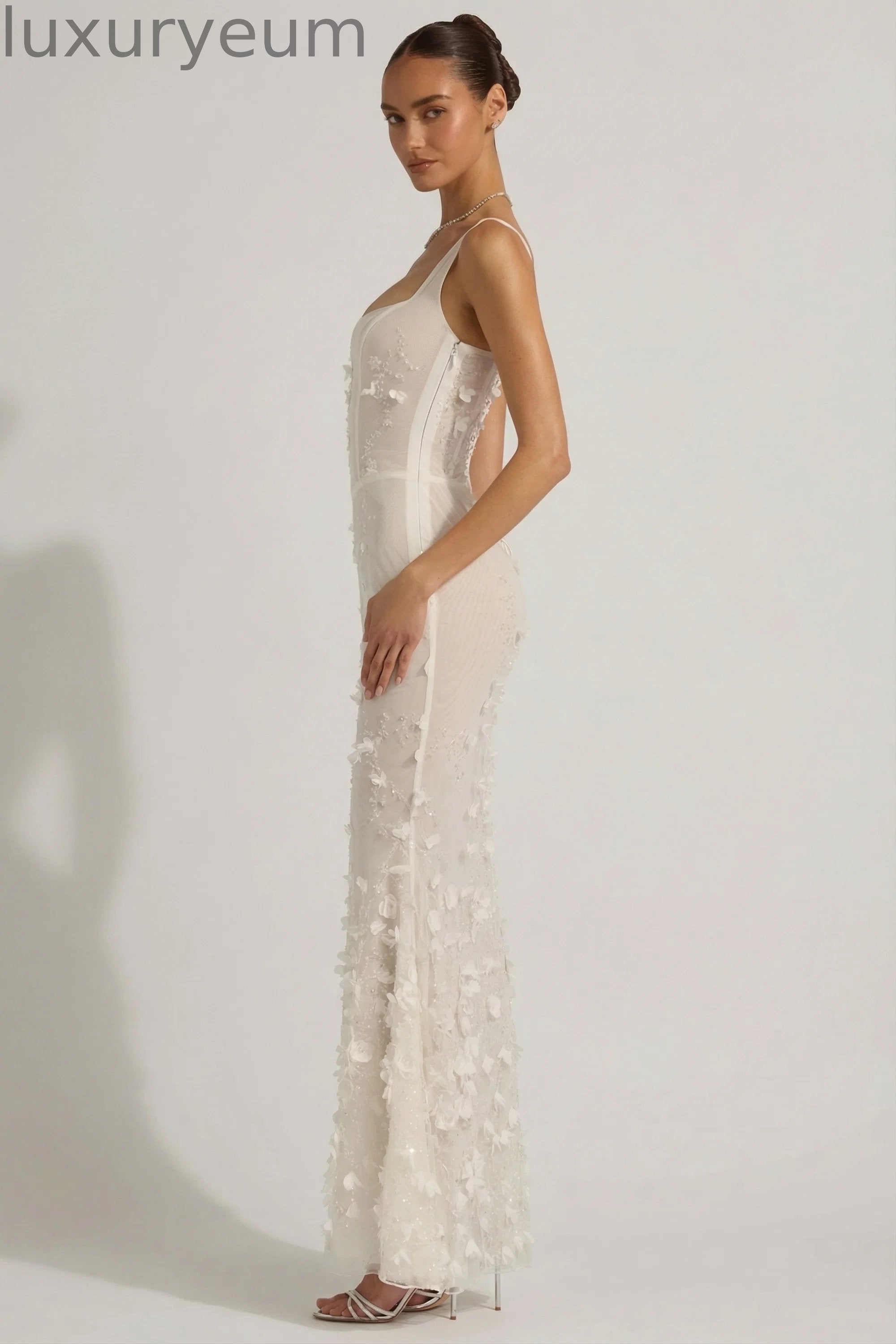 Embellished Appliqué Soft-Scoop Corset Gown in White