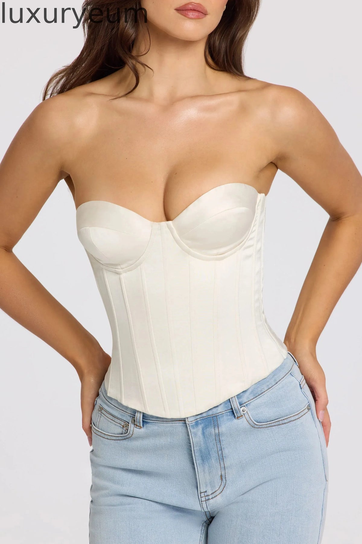 Satin Lace-Up Corset Top in Ivory