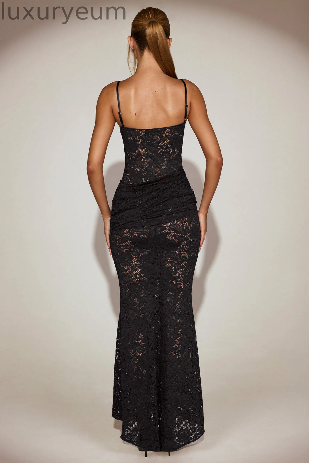 Sheer Lace Square-Neck Ruched Gown in Black