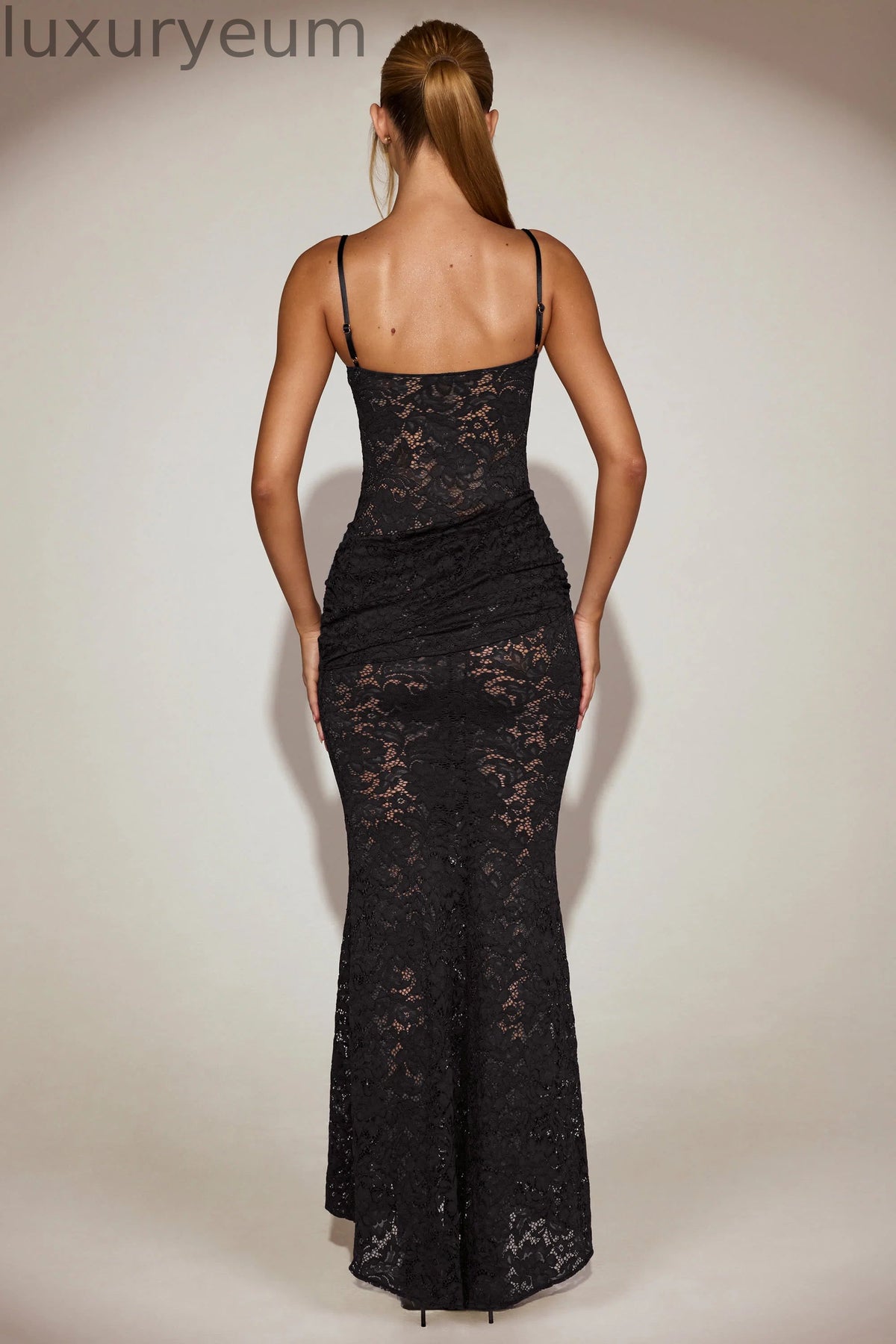 Sheer Lace Square-Neck Ruched Gown in Black