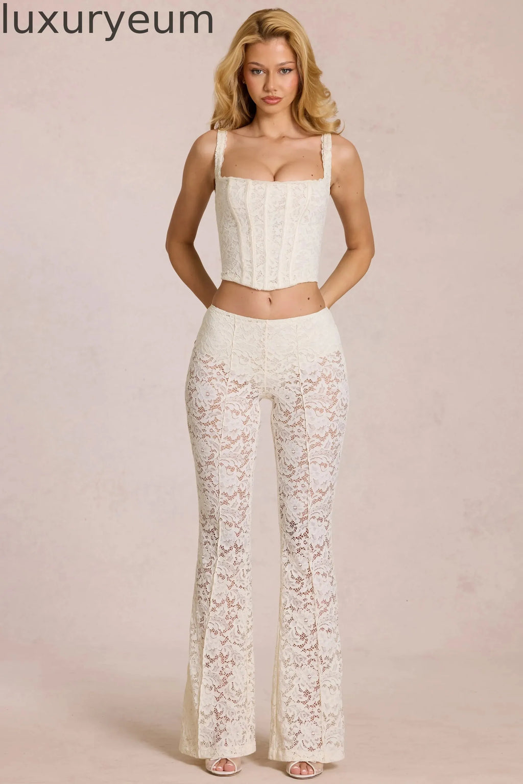 Sheer Lace Mid-Rise Flared Trousers in Pearl