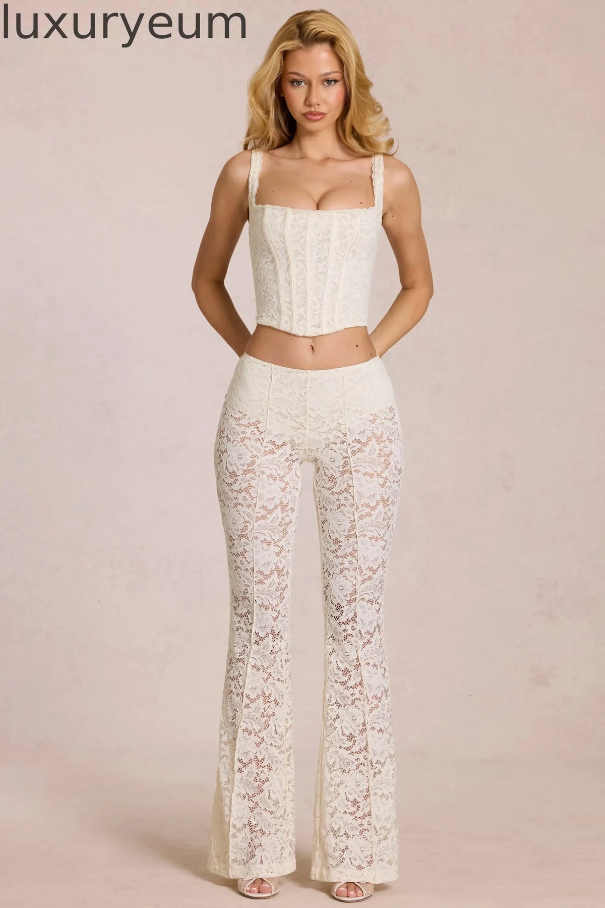 Sheer Lace Mid-Rise Flared Trousers in Pearl
