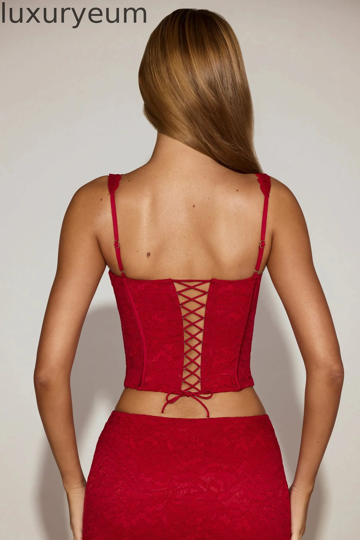 Lace Soft-Scoop Boned Corset Top in True Red
