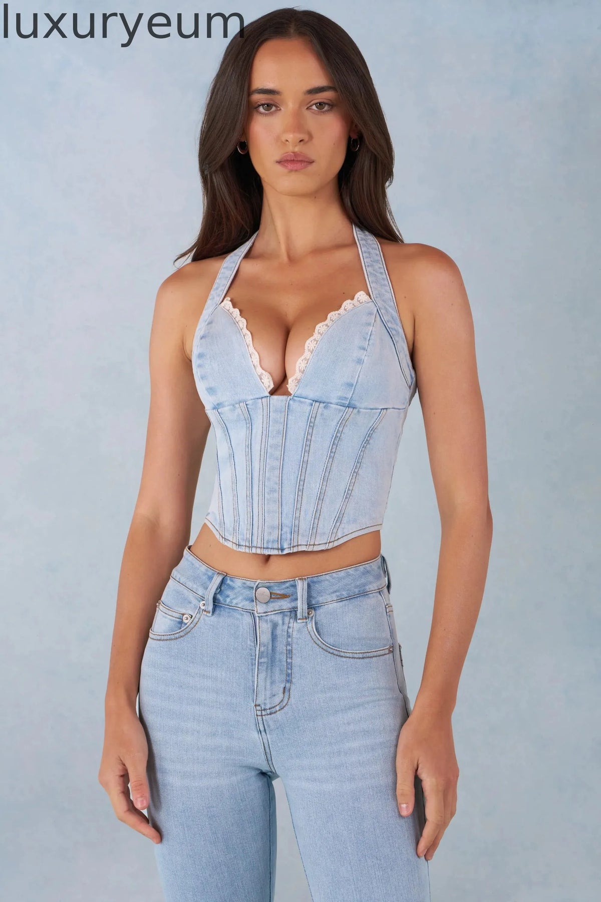 Halterneck Denim Corset Style Top  in Light Denim
