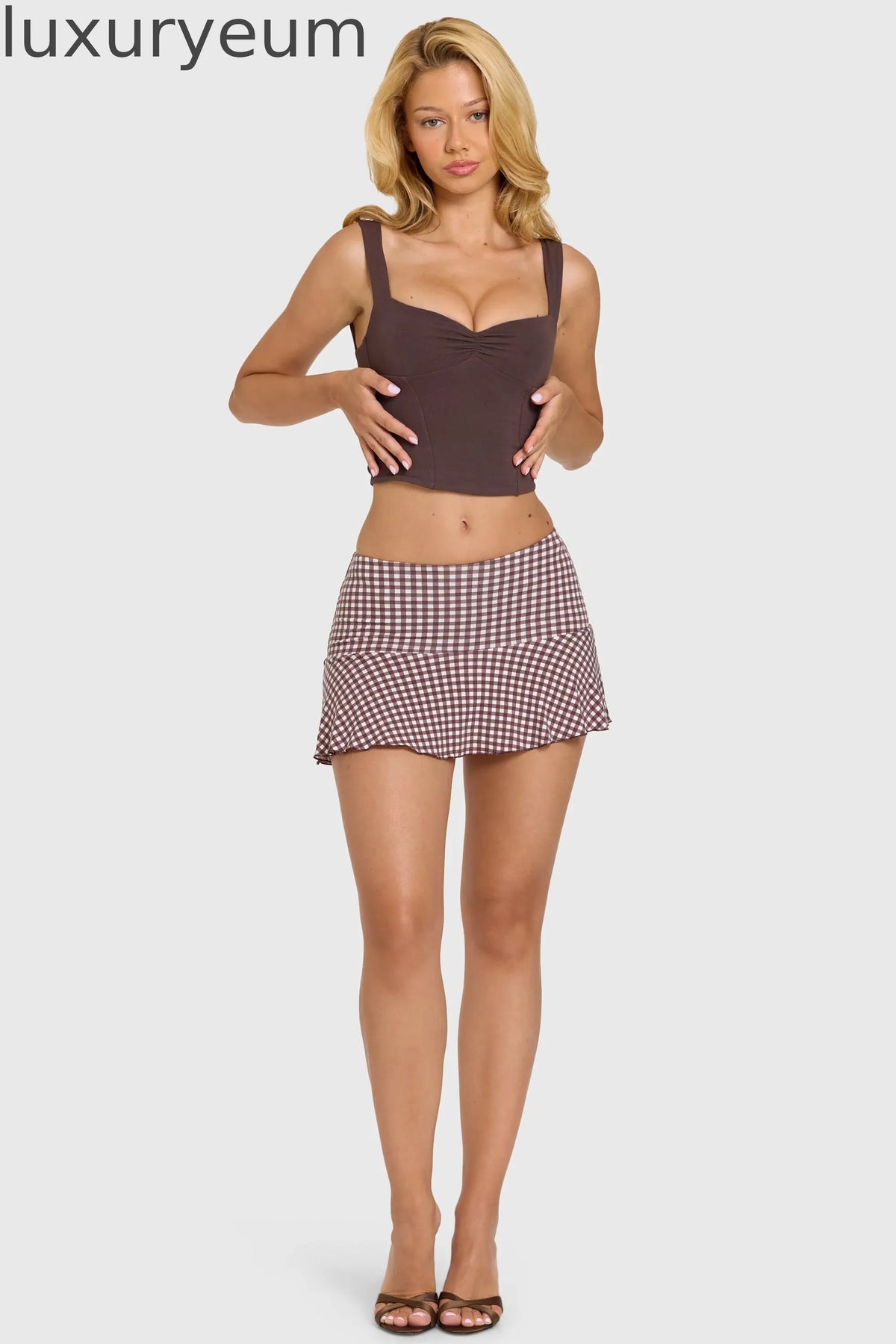 Modal Mid-Rise Skort in Brown Gingham