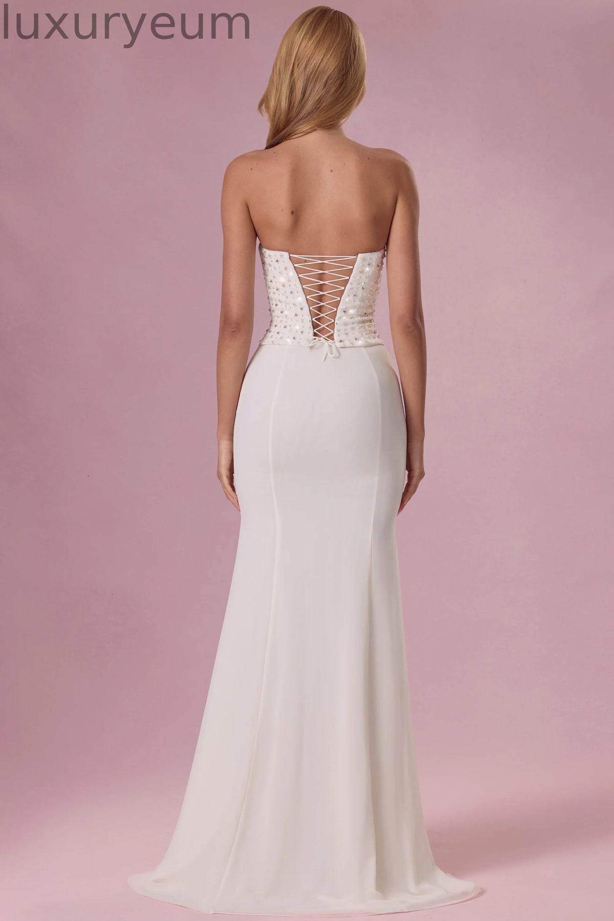 Embellished Corset Strapless Gown in Pearl