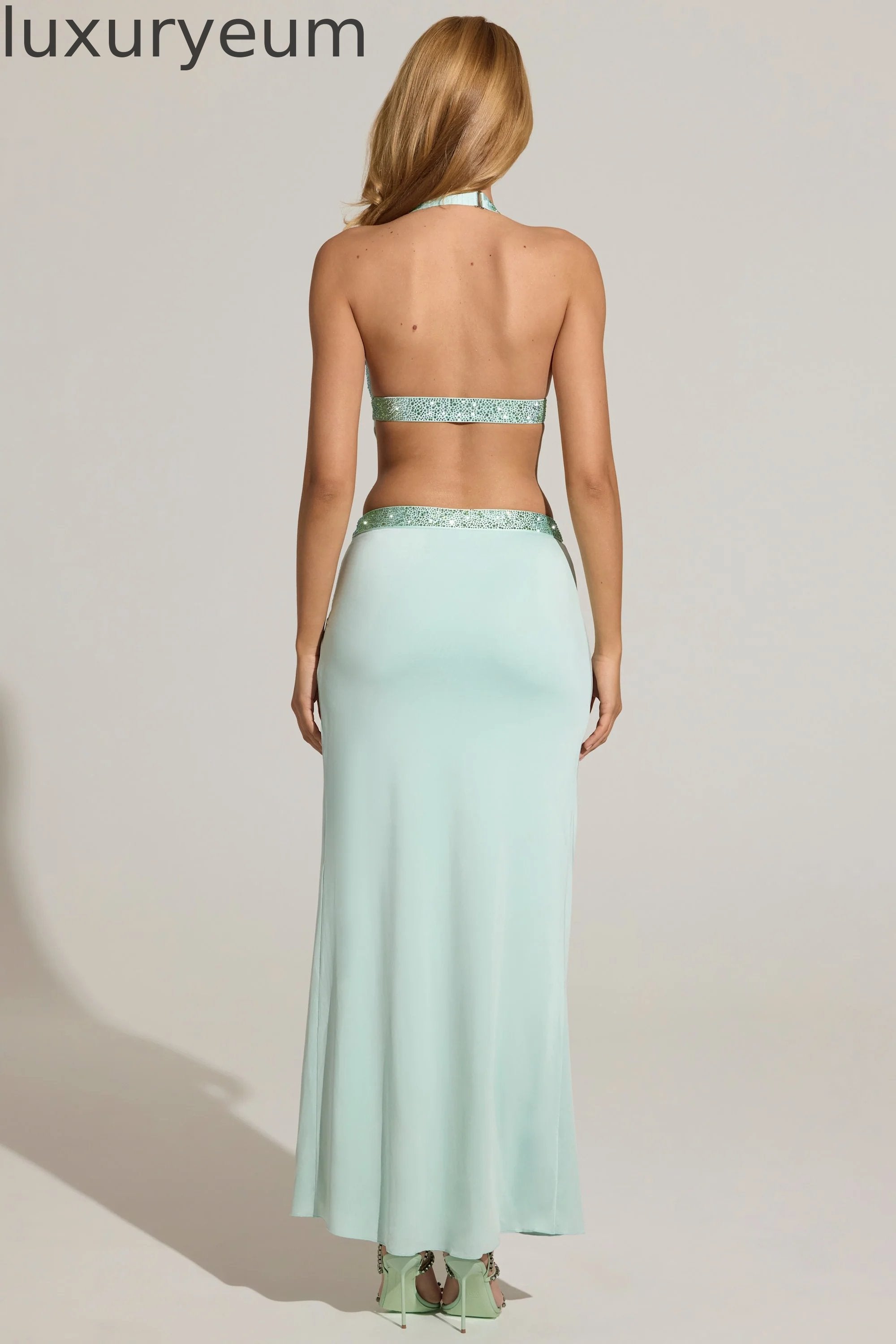 Embellished Low-Rise Maxi Skirt in Aqua Blue