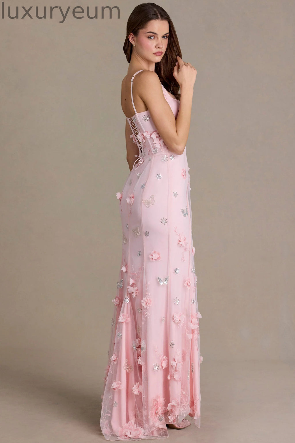 Embellished Corset Gown in Baby Pink