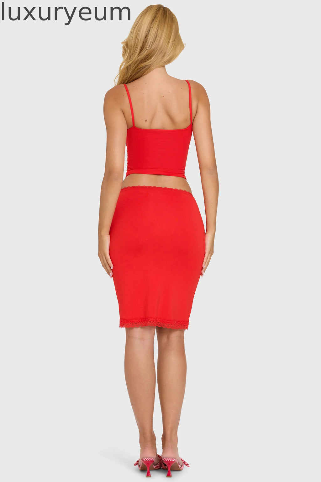Modal Lace-Trim Midi Skirt in Cherry