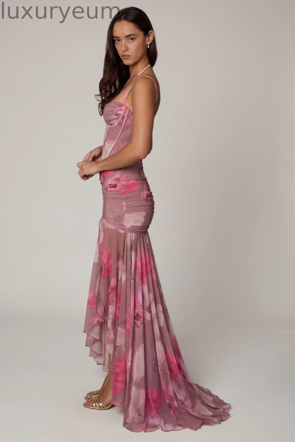 Ruched Asymmetric Corset Gown in Blurred Floral