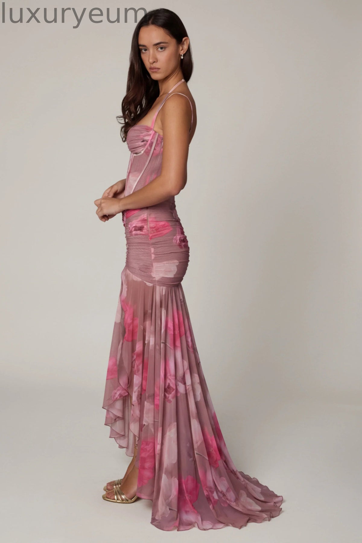 Ruched Asymmetric Corset Gown in Blurred Floral