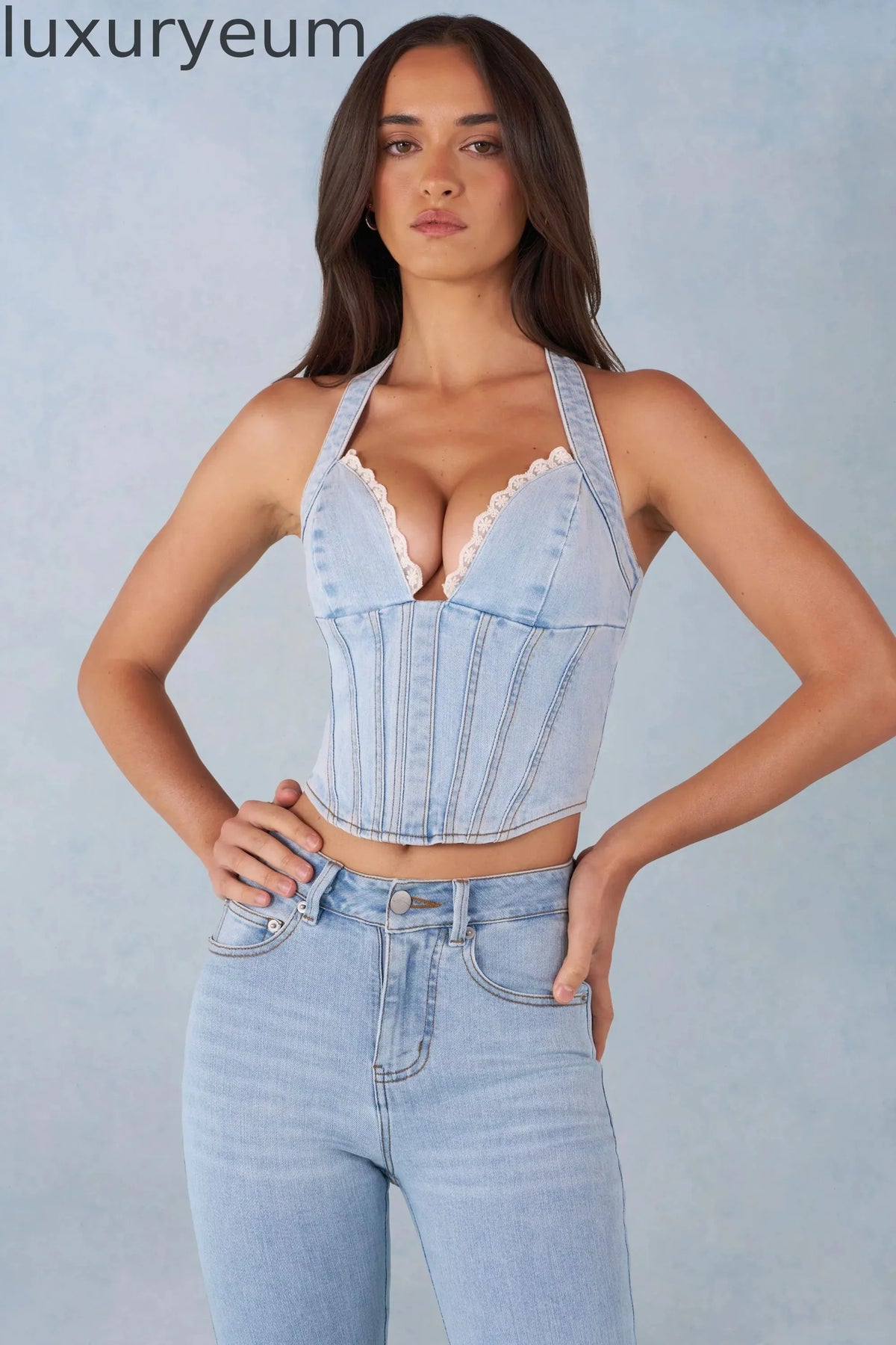 Halterneck Denim Corset Style Top  in Light Denim