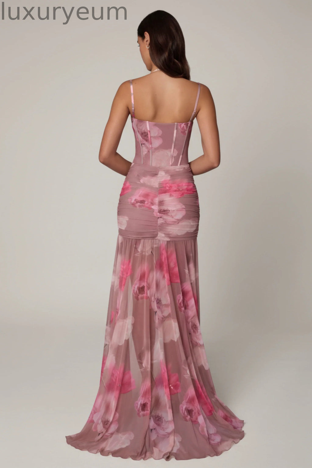 Ruched Asymmetric Corset Gown in Blurred Floral