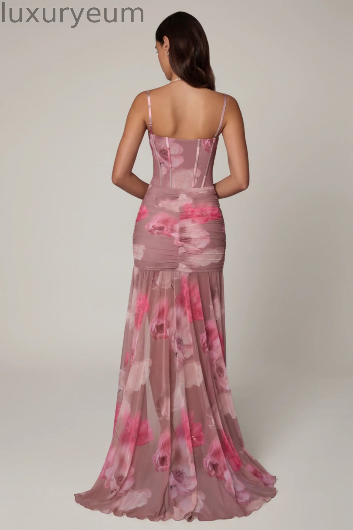Ruched Asymmetric Corset Gown in Blurred Floral