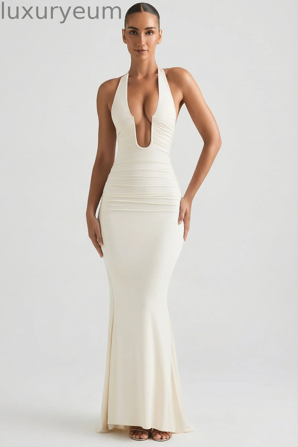 Ruched Backless Halterneck Gown in Ivory