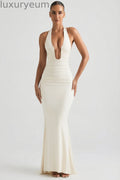 Ruched Backless Halterneck Gown in Ivory