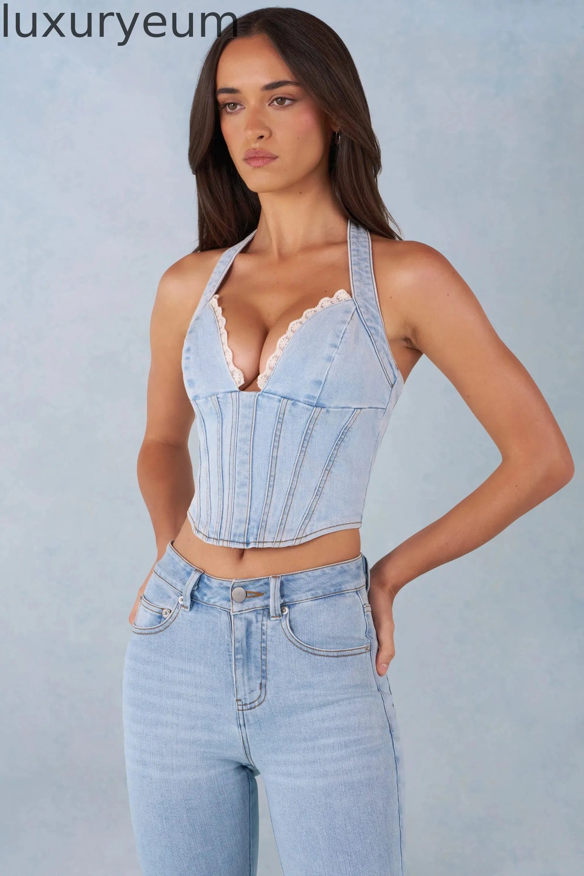 Halterneck Denim Corset Style Top  in Light Denim