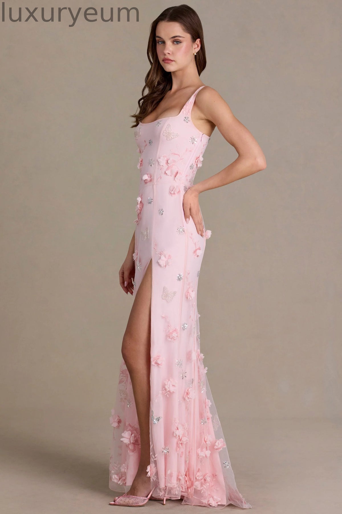 Embellished Corset Gown in Baby Pink