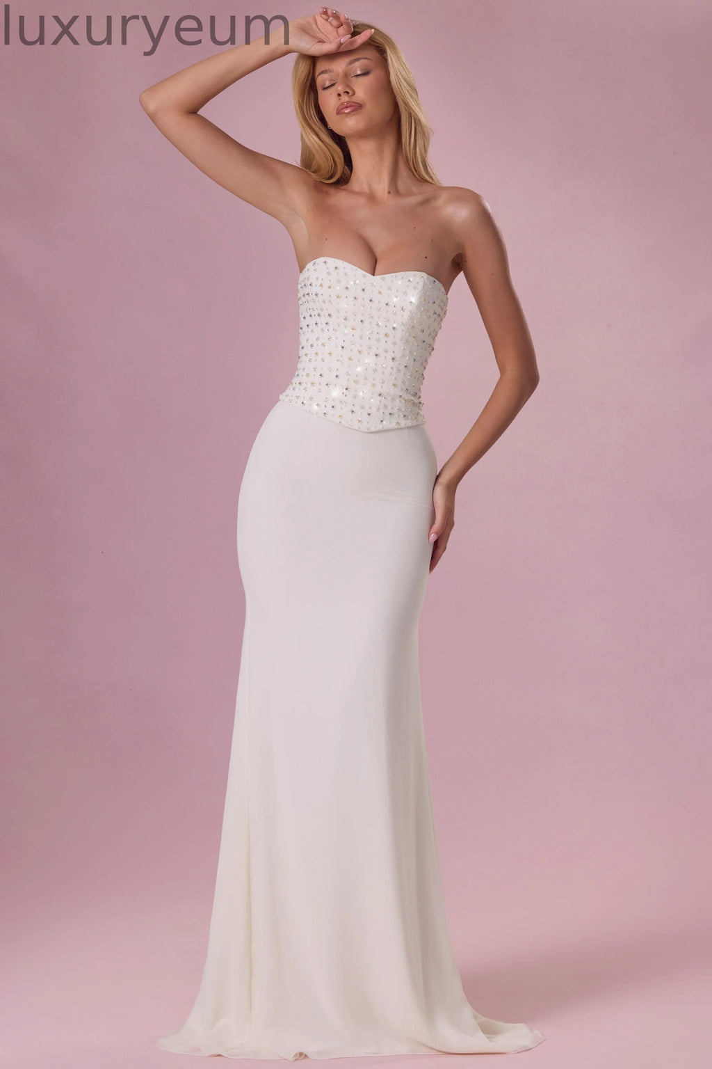 Embellished Corset Strapless Gown in Pearl