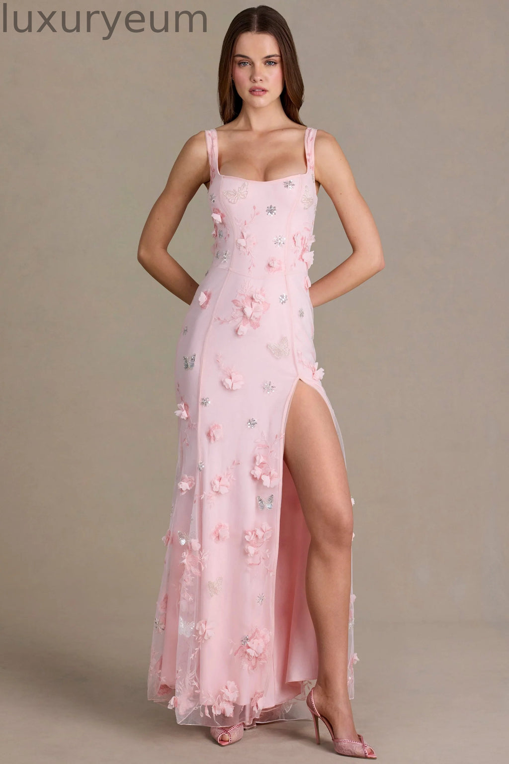 Embellished Corset Gown in Baby Pink
