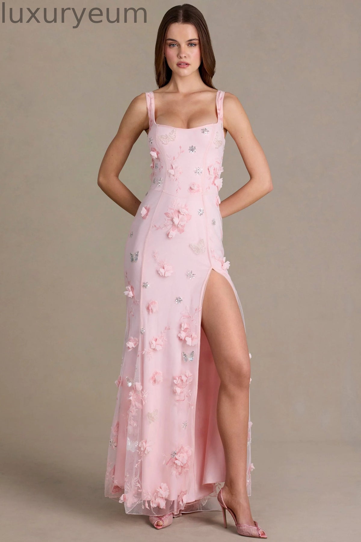 Embellished Corset Gown in Baby Pink