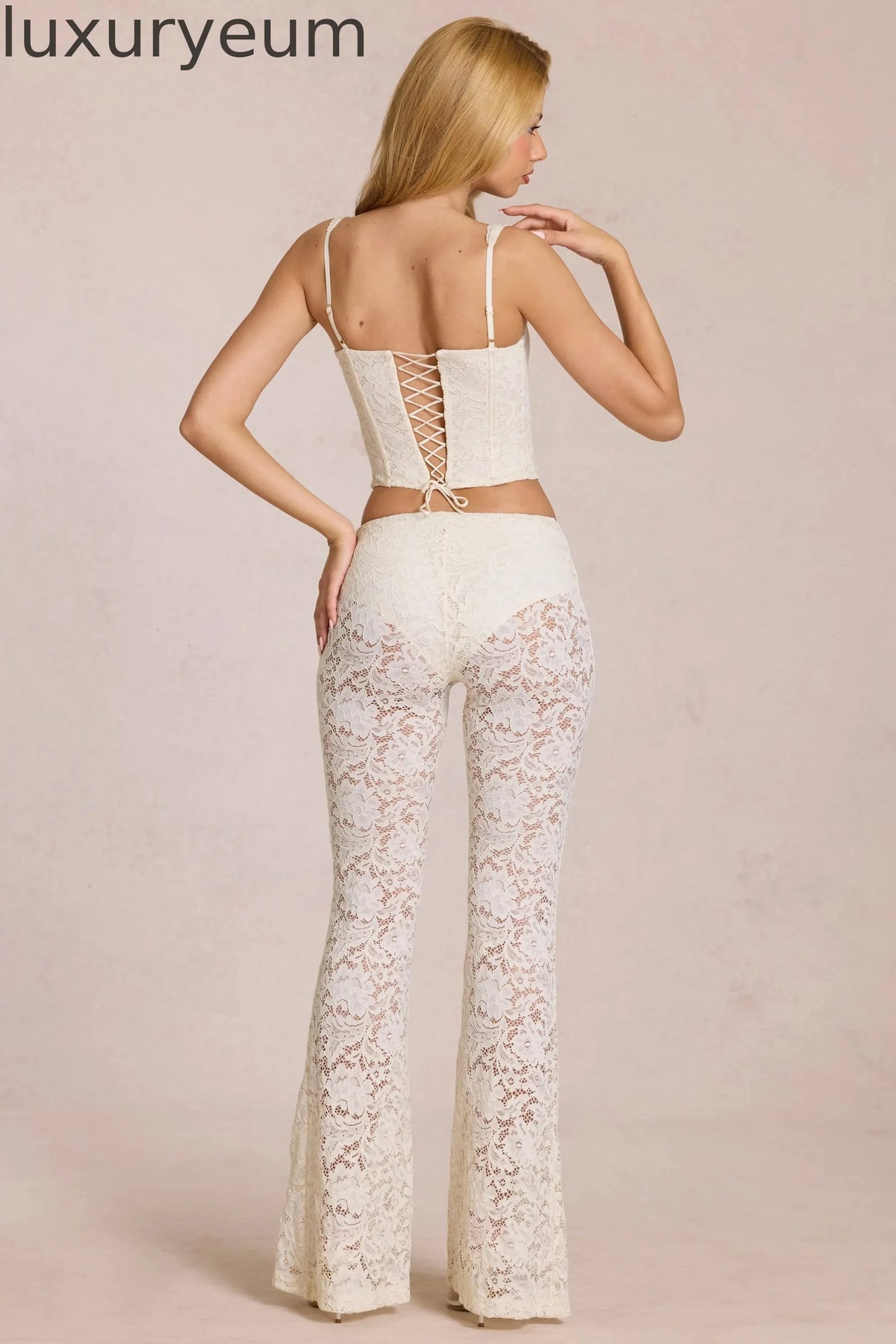 Sheer Lace Mid-Rise Flared Trousers in Pearl