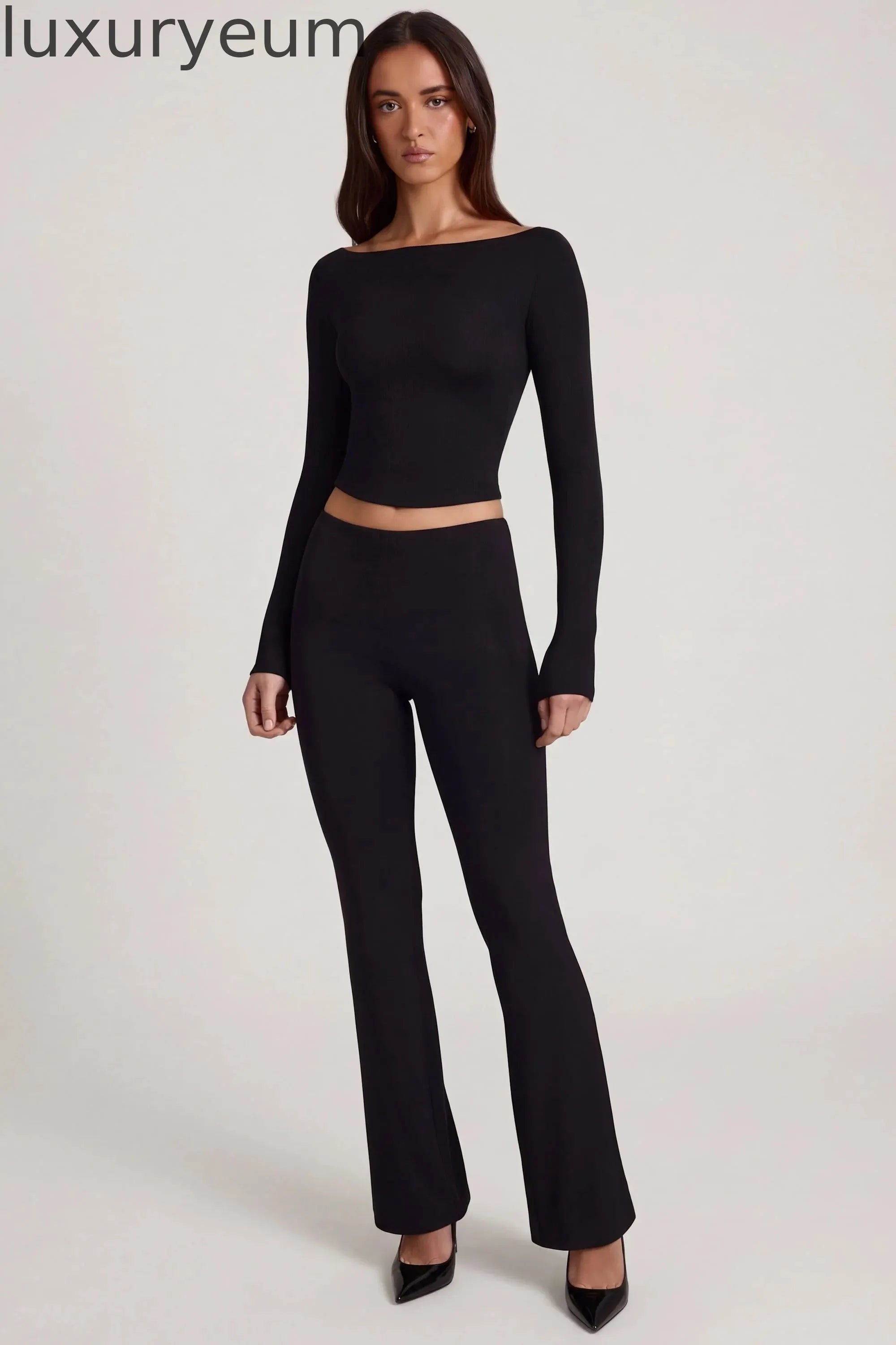 Modal Mid-Rise Flared Trousers in Black