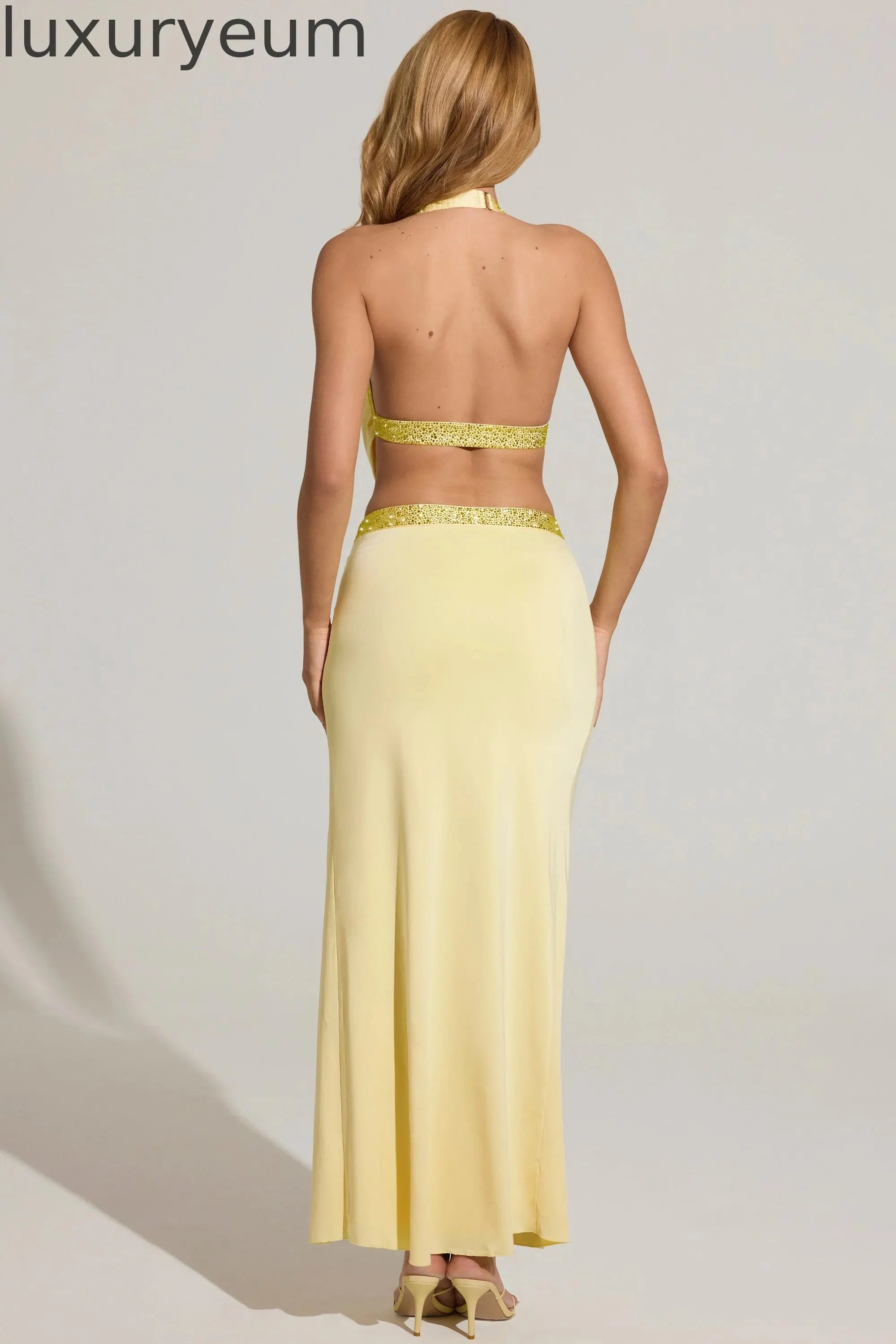 Embellished Low-Rise Maxi Skirt in Lemon Yellow