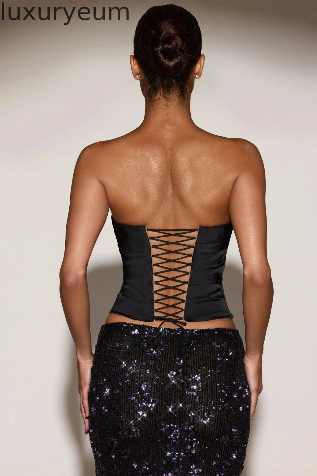 Satin Draped Lace-Up Corset Top in Black Purple