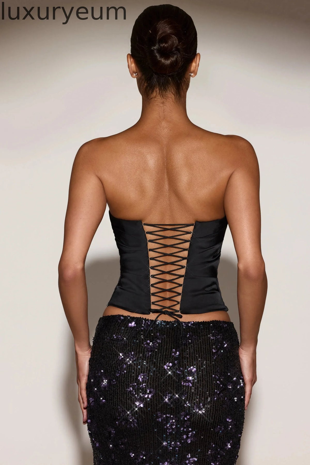 Satin Draped Lace-Up Corset Top in Black Purple