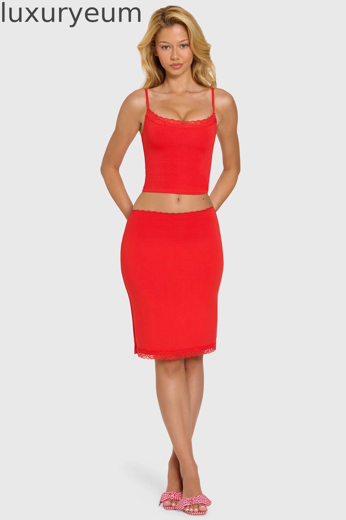 Modal Lace-Trim Midi Skirt in Cherry