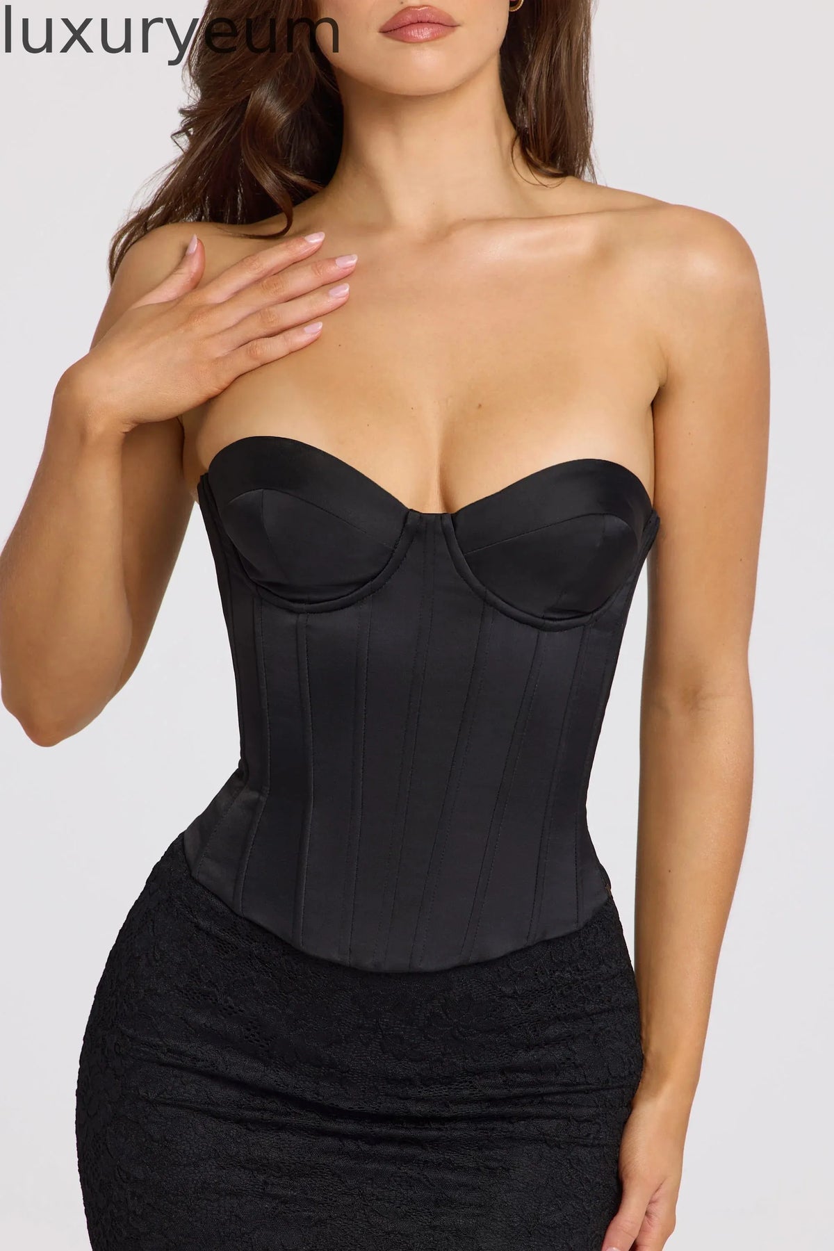 Satin Lace-Up Corset Top in Black