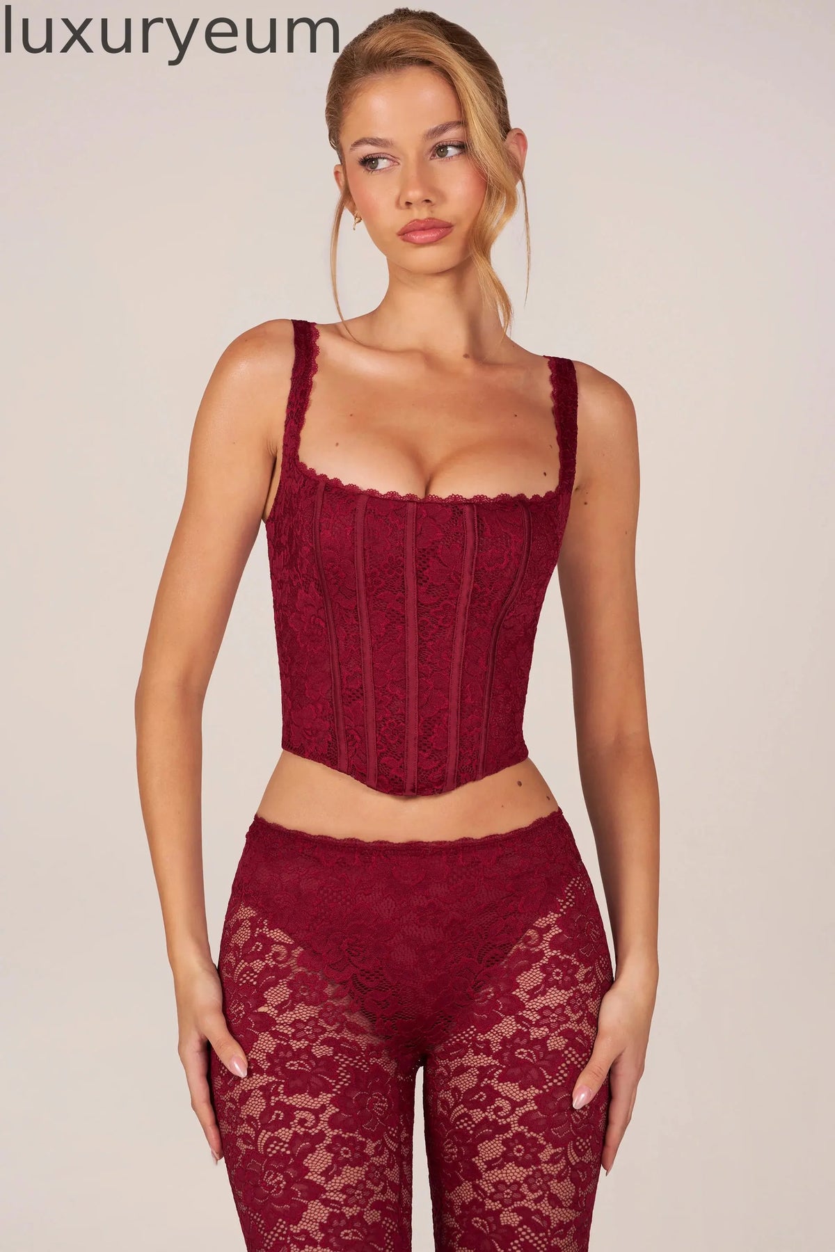Lace-Up Corset Top in Cherry Red