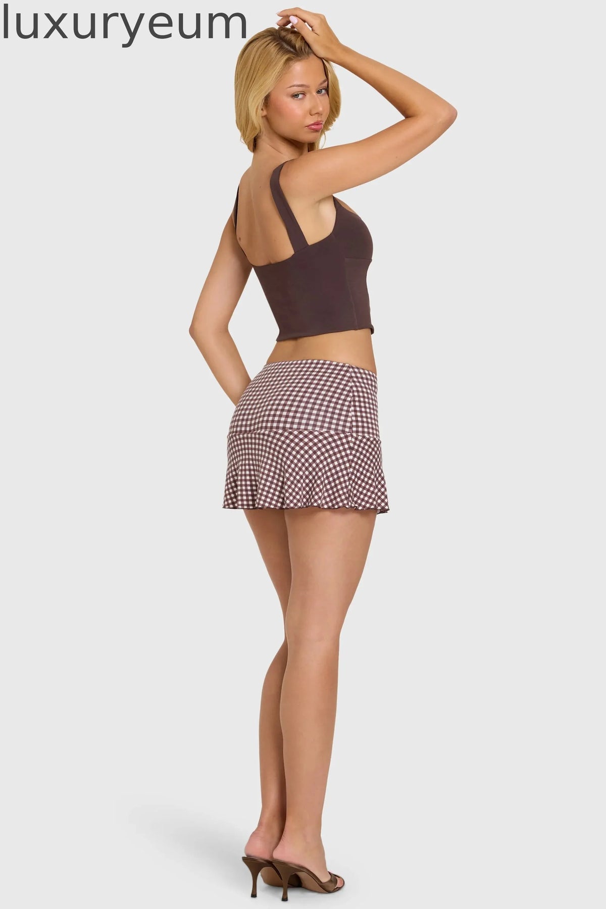 Modal Mid-Rise Skort in Brown Gingham