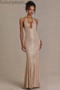 Embellished Plunge-Neck Open-Back Gown in Sand