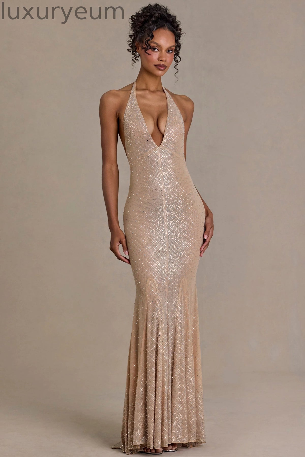 Embellished Plunge-Neck Open-Back Gown in Sand