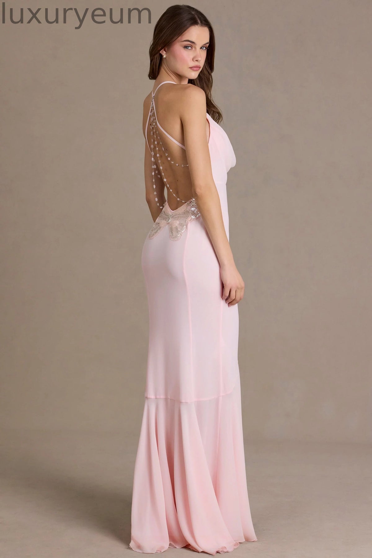 Chiffon Cowl-Neck Open-Back Gown in Baby Pink