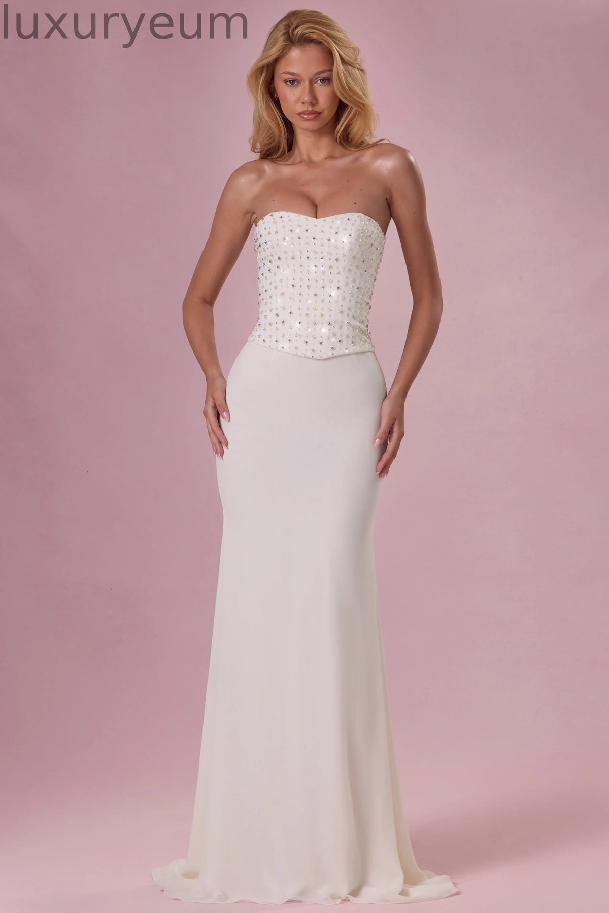 Embellished Corset Strapless Gown in Pearl